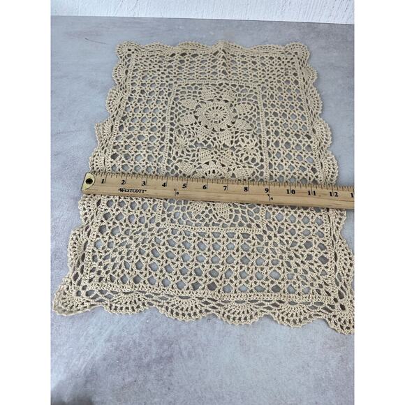 Vintage Beige Handmade Crochet Scalloped Trim Rectangular Tablecloth - 17" x 12" - Picture 4 of 6